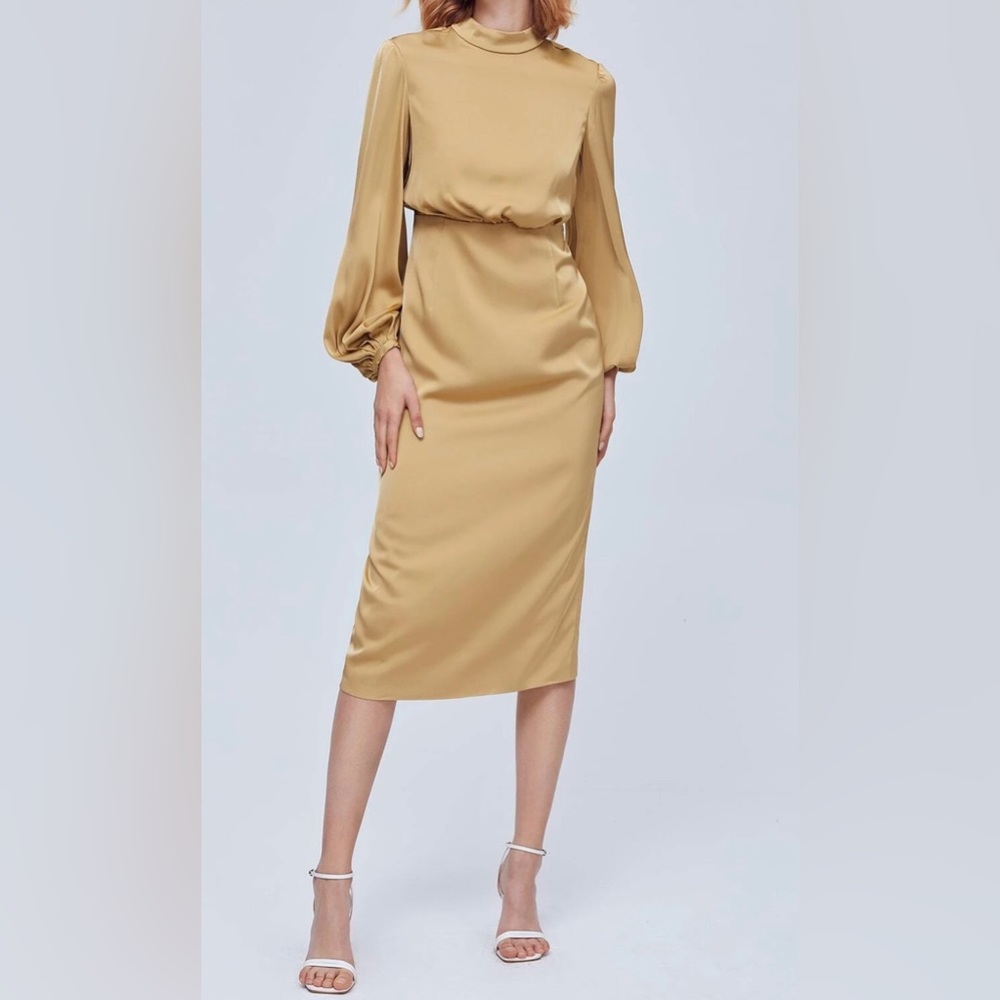 MOTF Khaki fitted ballon sleeve sz Large without belt  vintage style dress NWT.